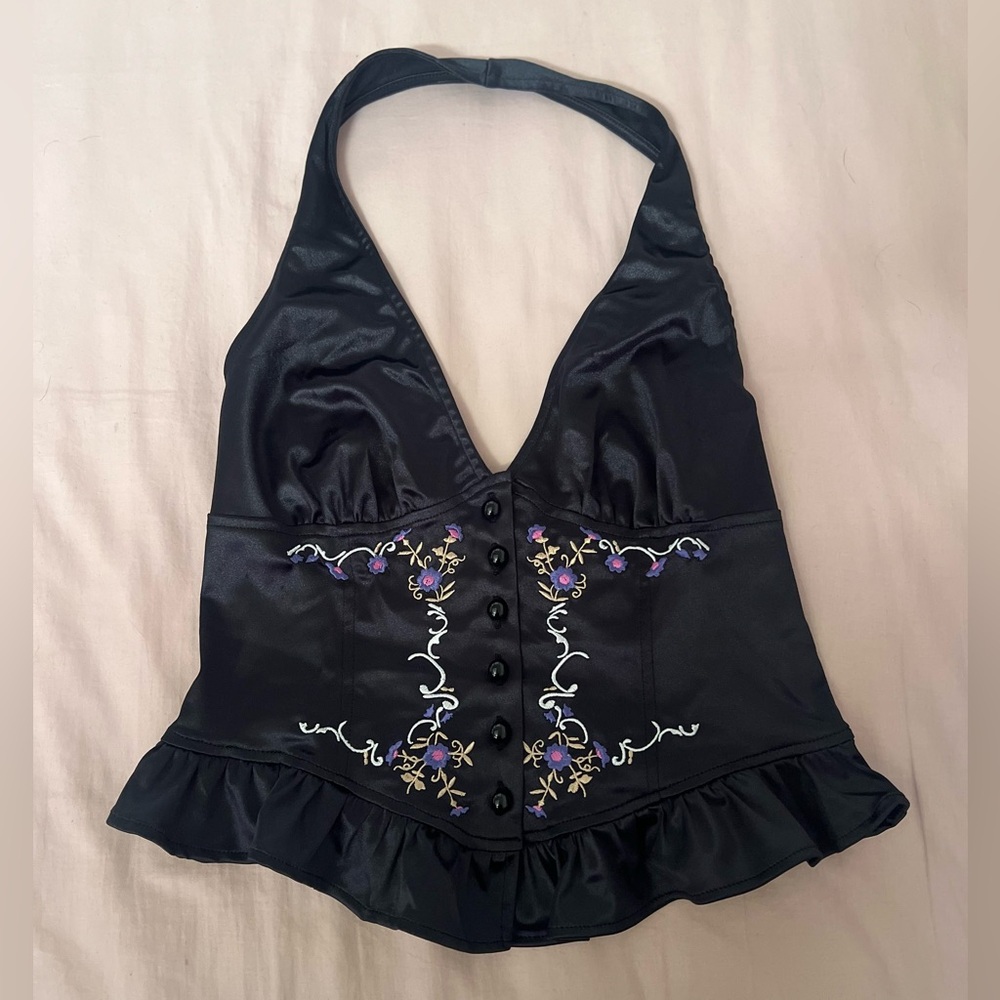 Kimchi Blue Black Satin Halter Top with Embroidered Florals